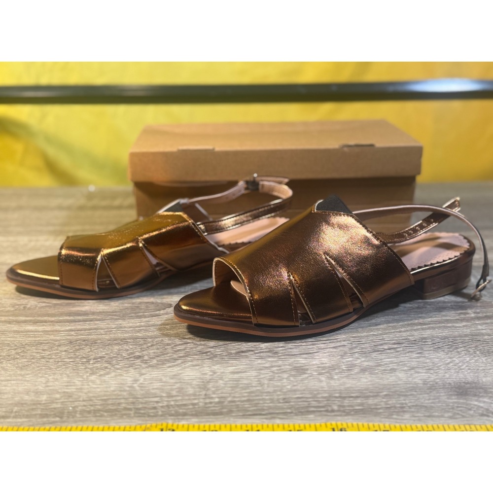 Metallic Bronze Slingback Sandals Pointed Toe Block Heel Size 40